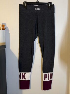 Victoria's Secret PINK Charcoal Gray Leggings with Maroon and White Cuffs